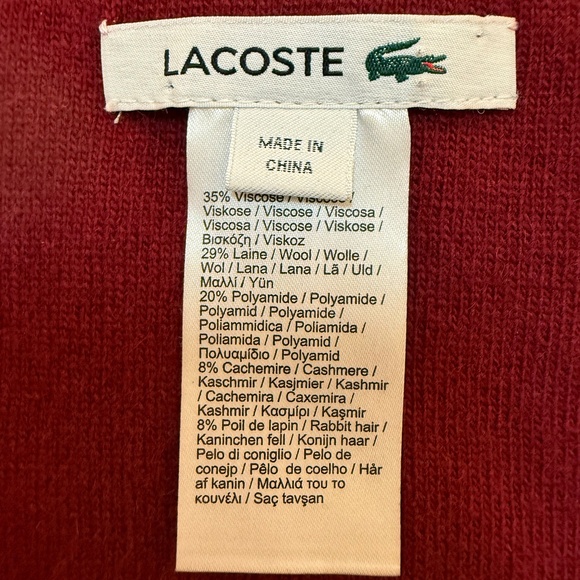 🇫🇷 Lacoste Wool Blend Scarf – Deep Red with Crocodile Logo - Picture 7 of 9